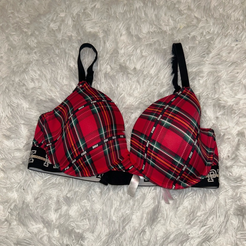Victoria’s Secret PINK Where Everywhere lightly lined t-shirt red plaid bra 34DD